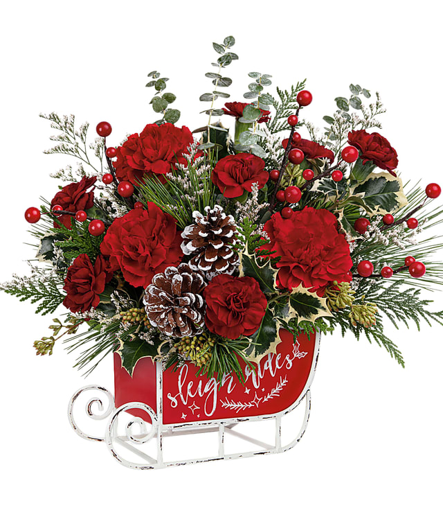 Red carnations in a sleigh-shaped holiday container with pinecones