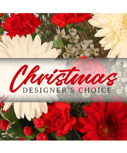 Christmas designer's choice floral arrangement with red and white blooms