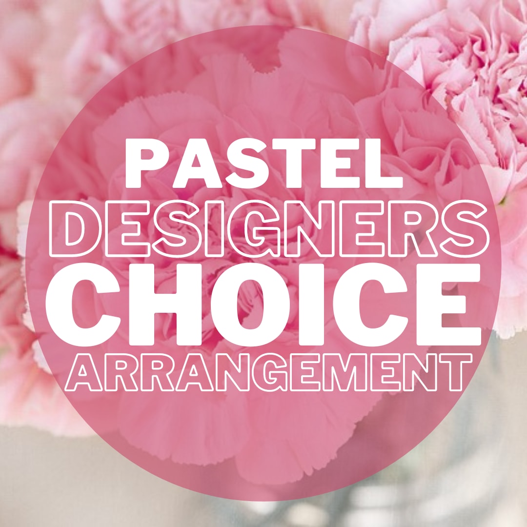 Pink floral arrangement with large text overlay