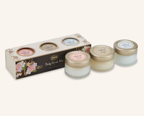 Three body scrub jars with a matching gift box