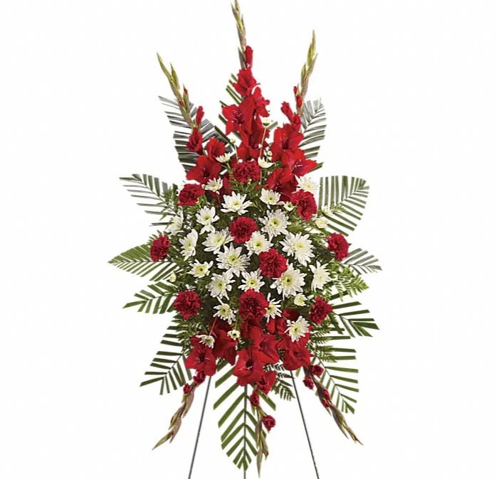 Strength &amp; Solace Spray - Express your love beautifully and tastefully with this stunning spray of red and white floral favorites. An impeccable choice for the memorial service. The magnificent spray includes red gladioli red carnations and white cushion spray chrysanthemums accented with emerald palm and leatherleaf fern.
