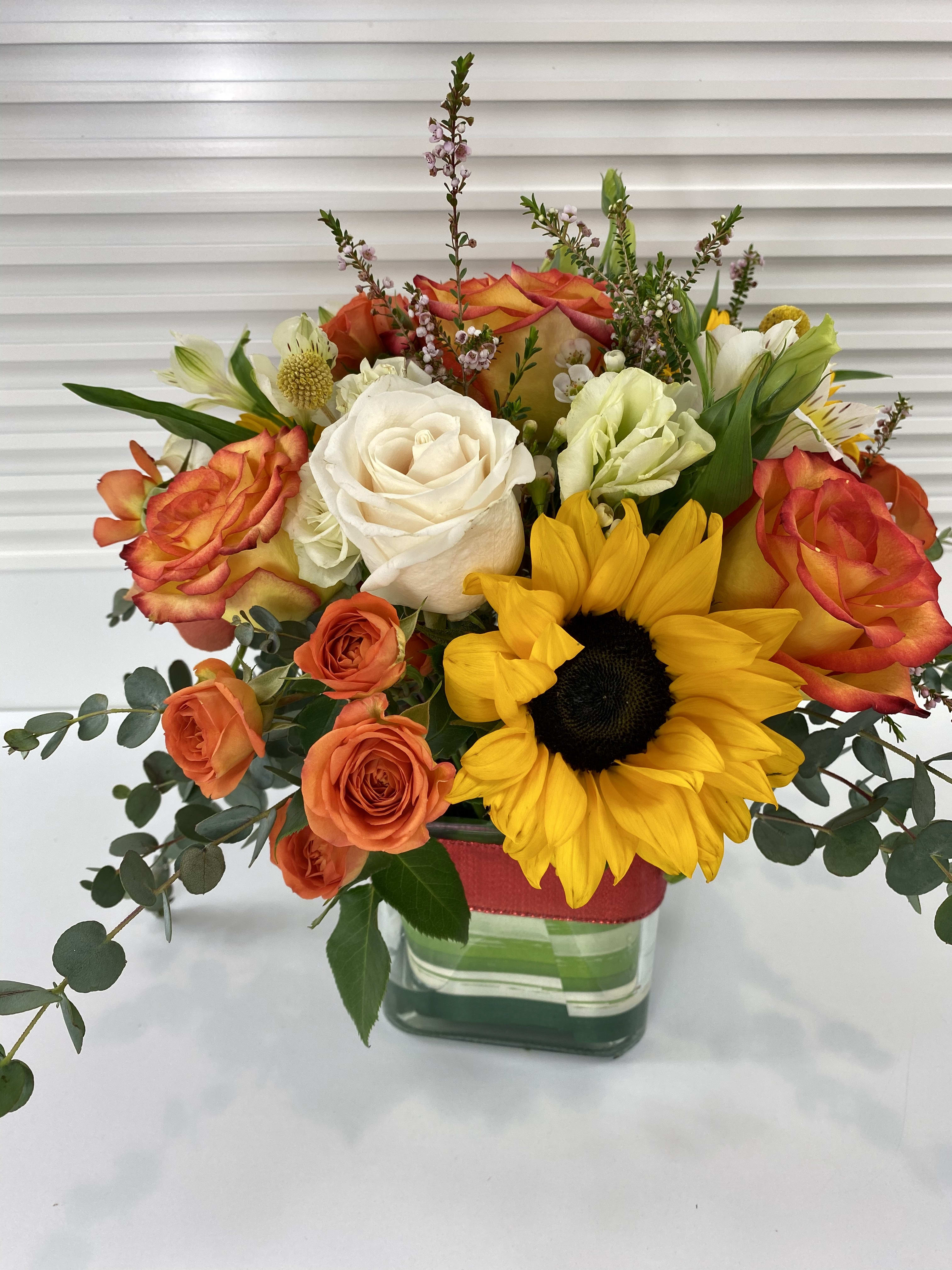 Springtime  - Square clear vase filled with sunflowers, roses, spray roses, alstroemerias and mix of greenery 