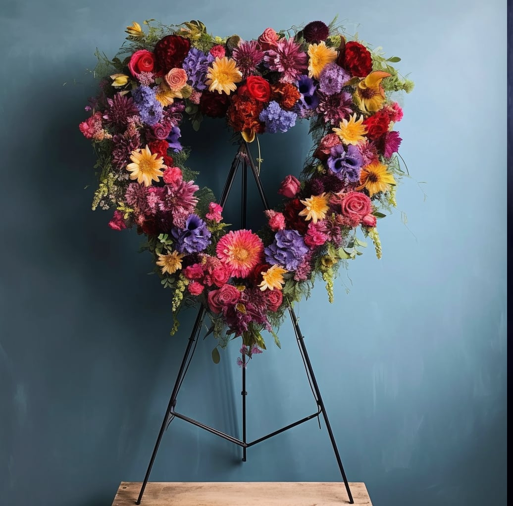 Heart-shaped floral wreath on a black stand with multicolored blooms