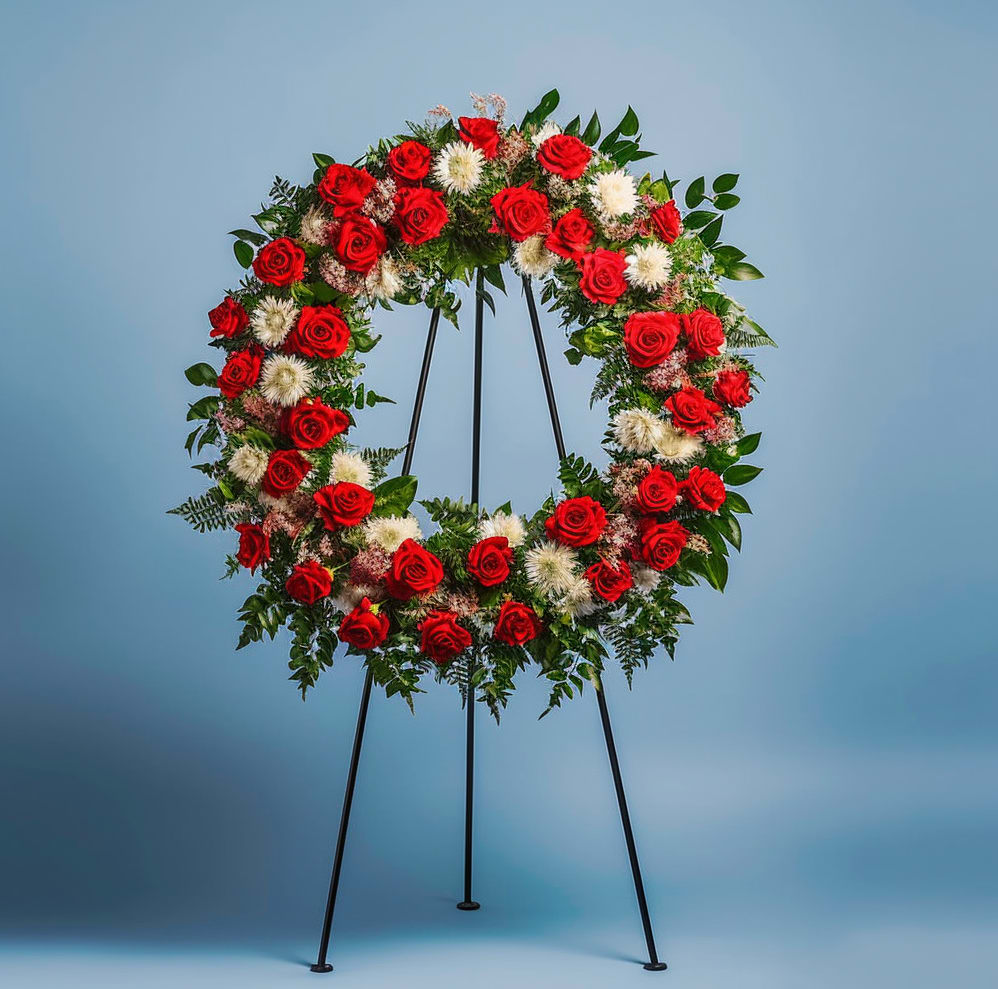 Circular standing wreath of red roses and white flowers on an easel
