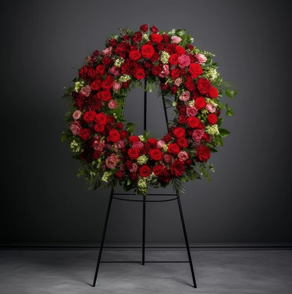 Large red rose wreath on a black easel