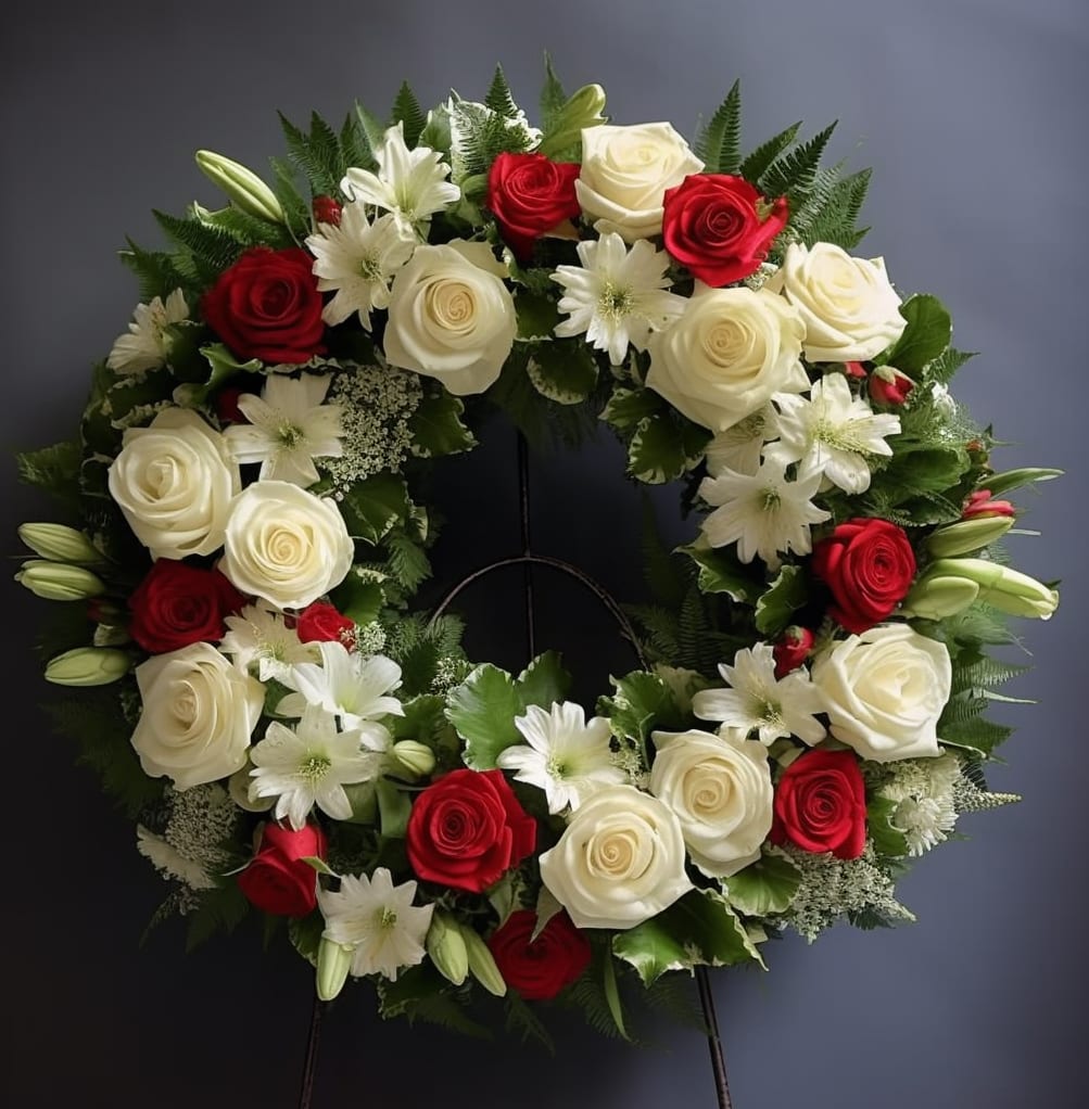 Circular wreath of red and white roses with white lilies