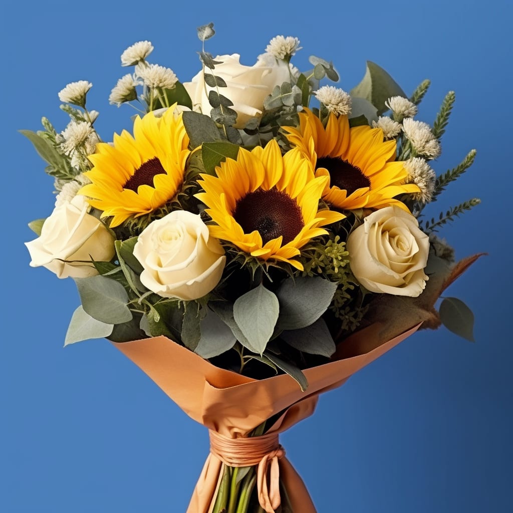 Laura - Beautiful Bouquet of White roses mixed with Sunflowers, wrapped in paper.   If you prefer a different color wrap, please notify us in the instruction section. 