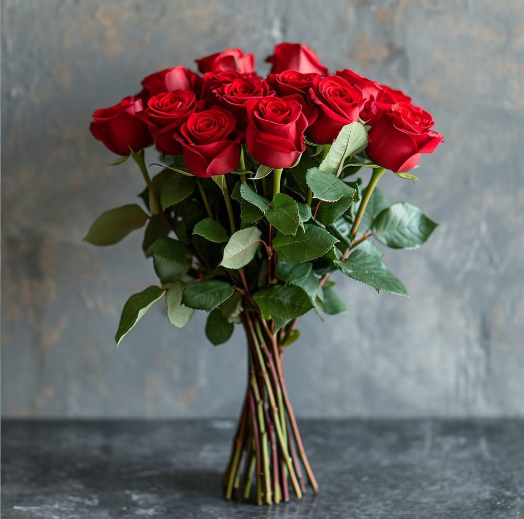Bouquet of red roses with green leaves