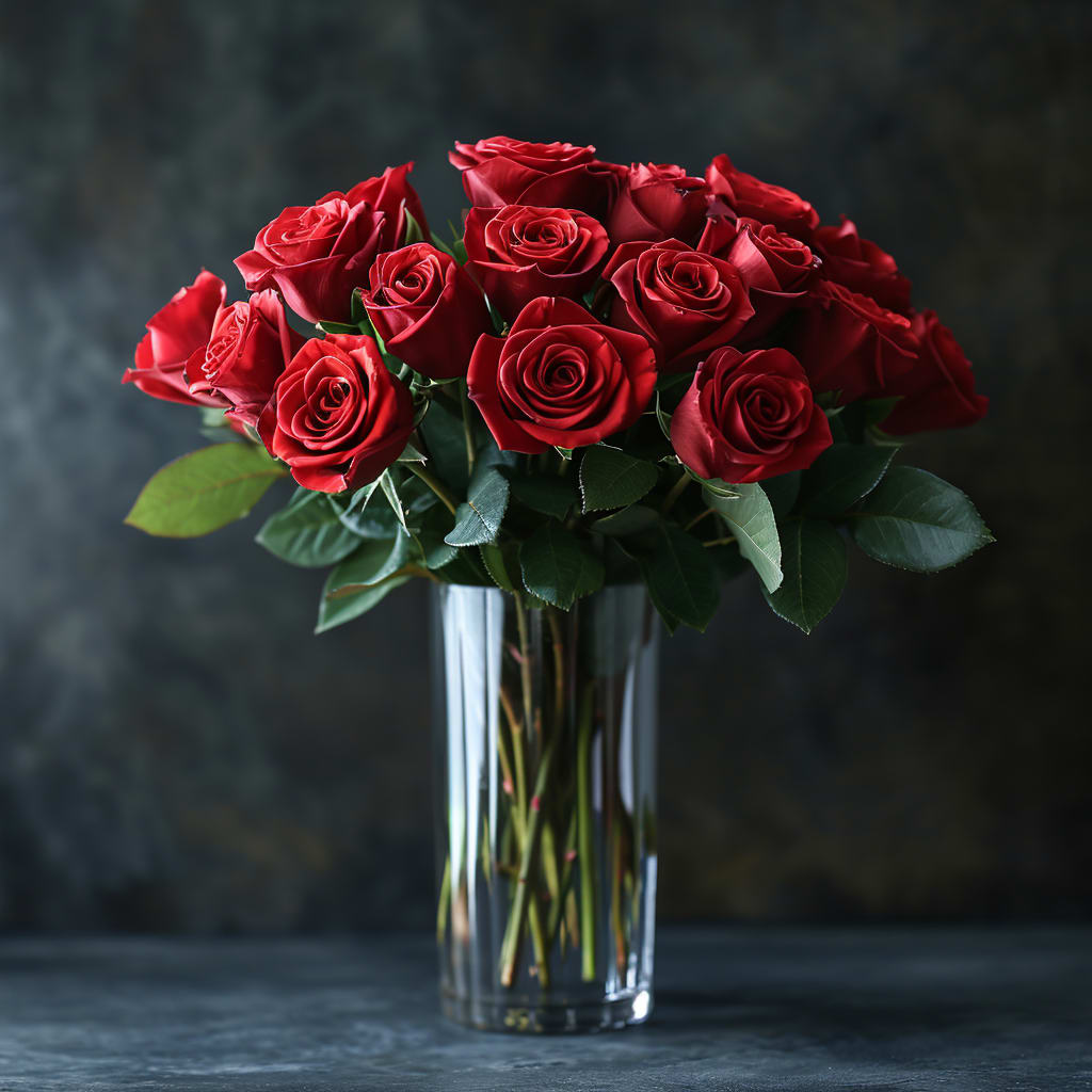 Bouquet of red roses in a clear glass vase