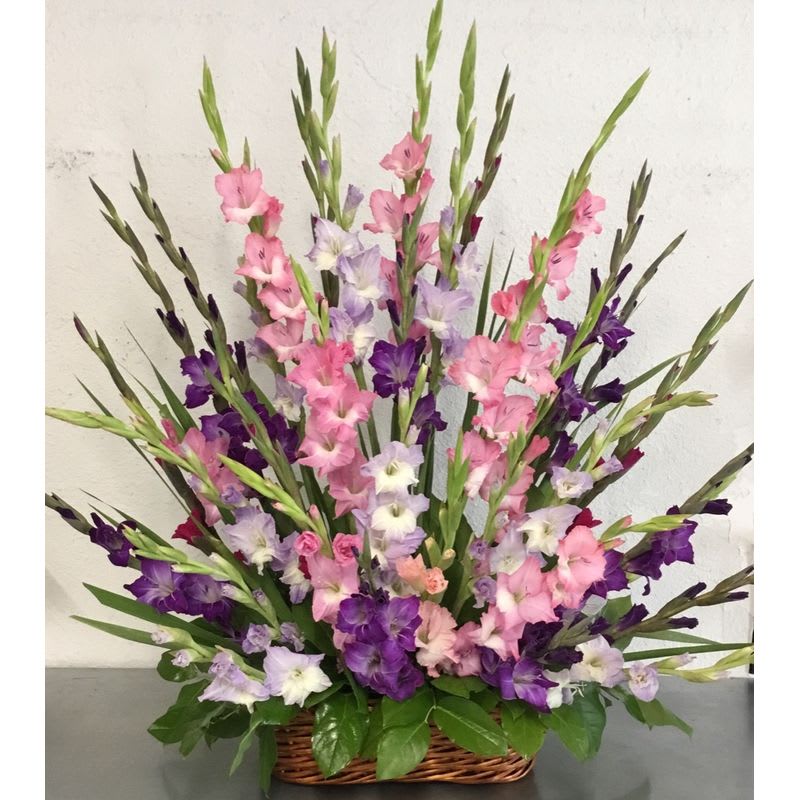 Basket arrangement of pink, purple, and white gladiolus flowers