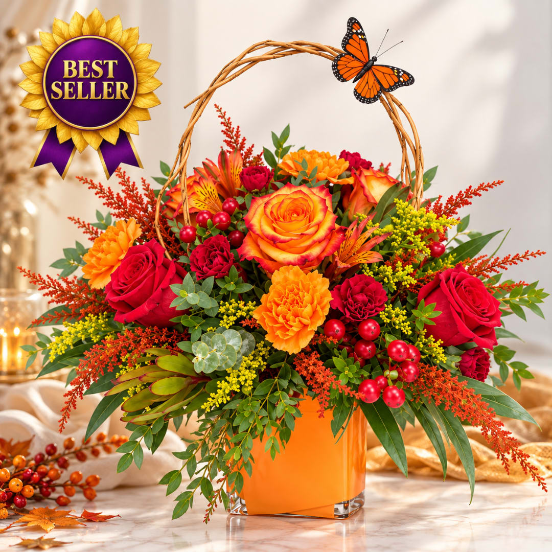 Autumn bouquet of red and orange flowers in a square vase with a wicker handle.
