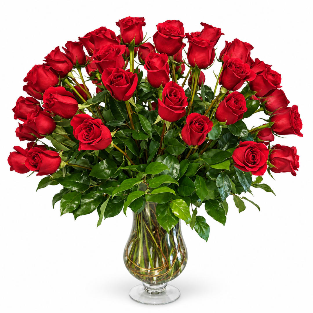 Bouquet of red roses in a clear glass vase
