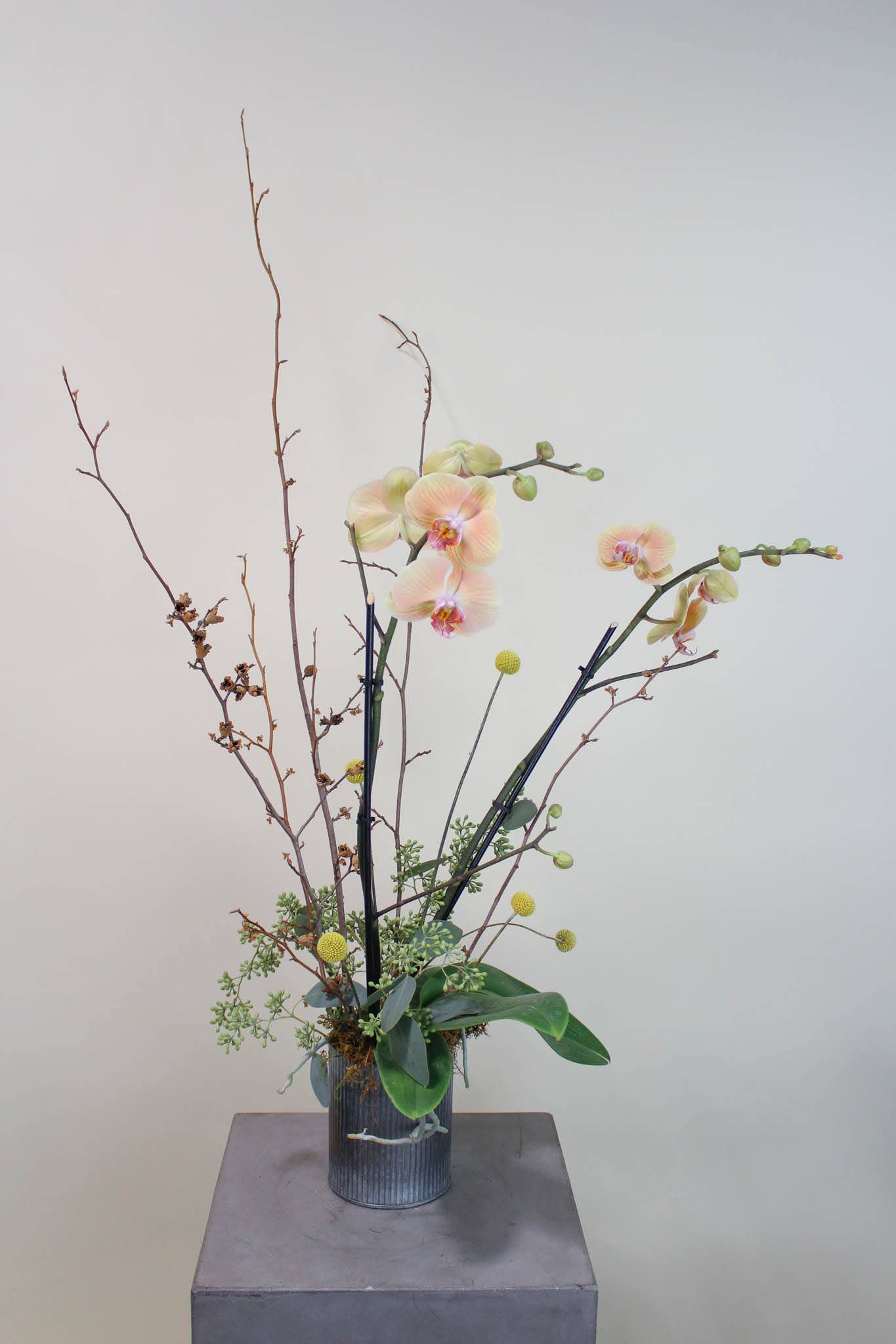 Tall orchid arrangement in a ribbed metal vase with branches and round yellow accents