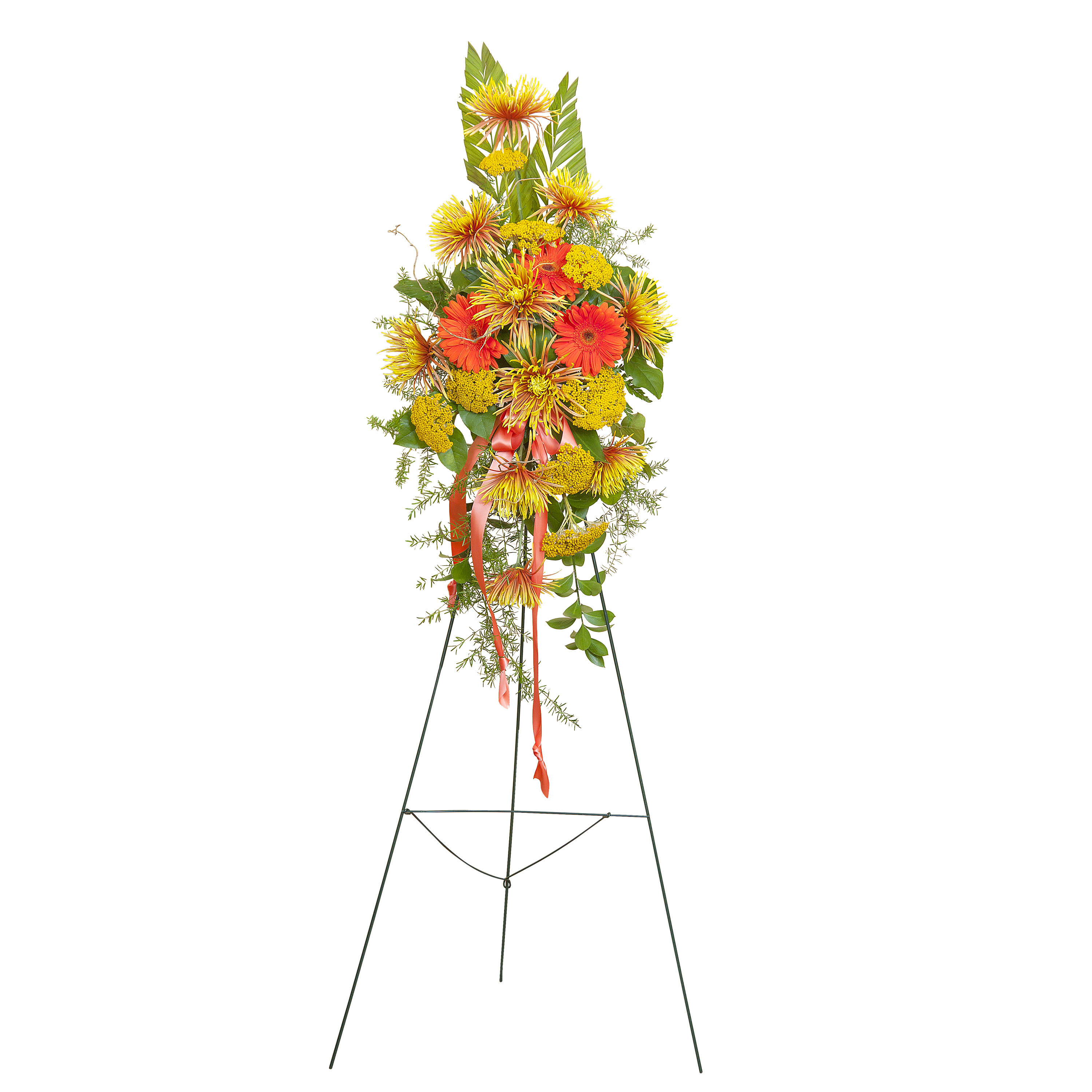 Heaven's Sunset Sm. Standing Spray TMF-706 - An easel spray includes Spider Mums and Gerbera with accents of premium foliage.	Approximately 14" wide by 24" high