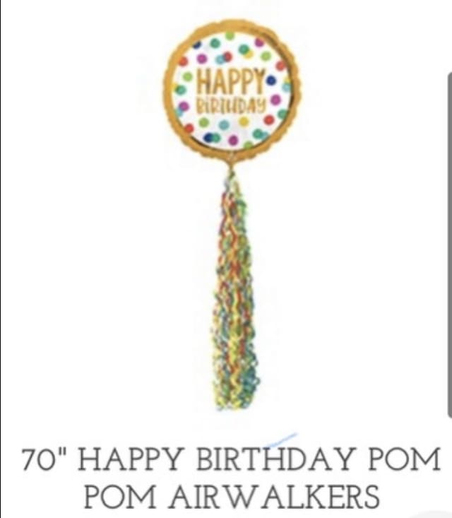 Birthday balloon with multicolored dots and a long tassel tail