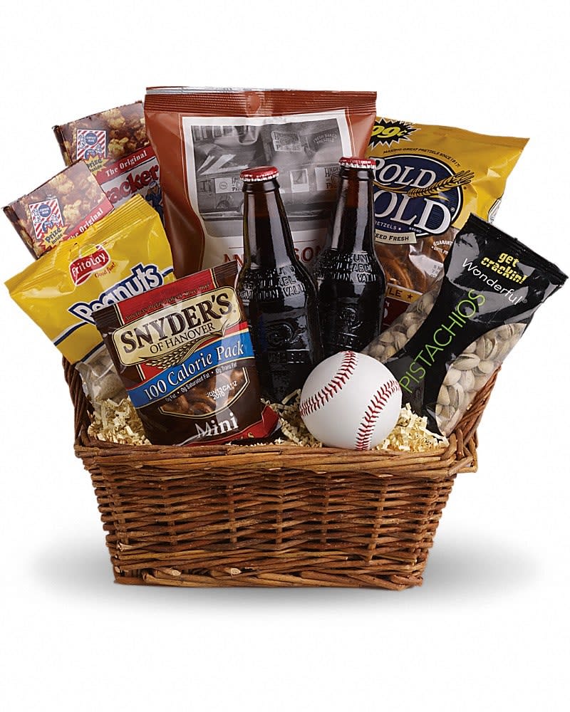Take Me Out to the Ballgame Basket - Dads, grads, boys and baseball lovers of all ages will think you're an MVP when you send this winning basket. Full of ballpark favorites and more, perfect for a picnic or a pick-up game in the park. You'll score a home run with this yummy basket that includes a real baseball, of course. Peanuts, pistachios, Cracker Jacks, three different kinds of pretzels and good old-fashioned root beer are teamed up in this basket. Anyone will have a ball with this gift! (z)