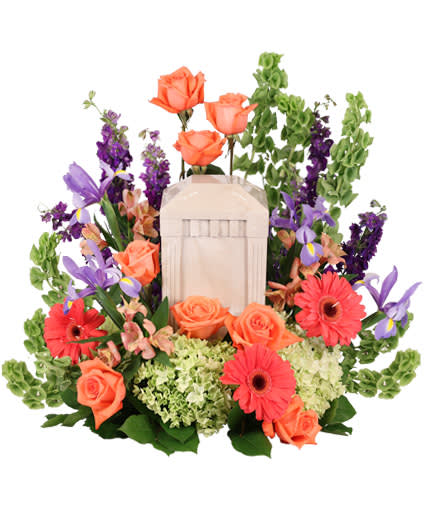 BITTERSWEET TWILIGHT MEMORIAL URN CREMATION FLOWERS  (URN NOT INCLUDED) - Remember the spirit of a loved one with the Bittersweet Twilight Memorial cremation arrangement, elegantly designed to encompass the urn you and your family have chosen. Vibrant peach roses and coral Gerberas highlight the brightness of the spirit while the pale green hydrangeas comfort the heart in this time of sorrow. Urn Not Included