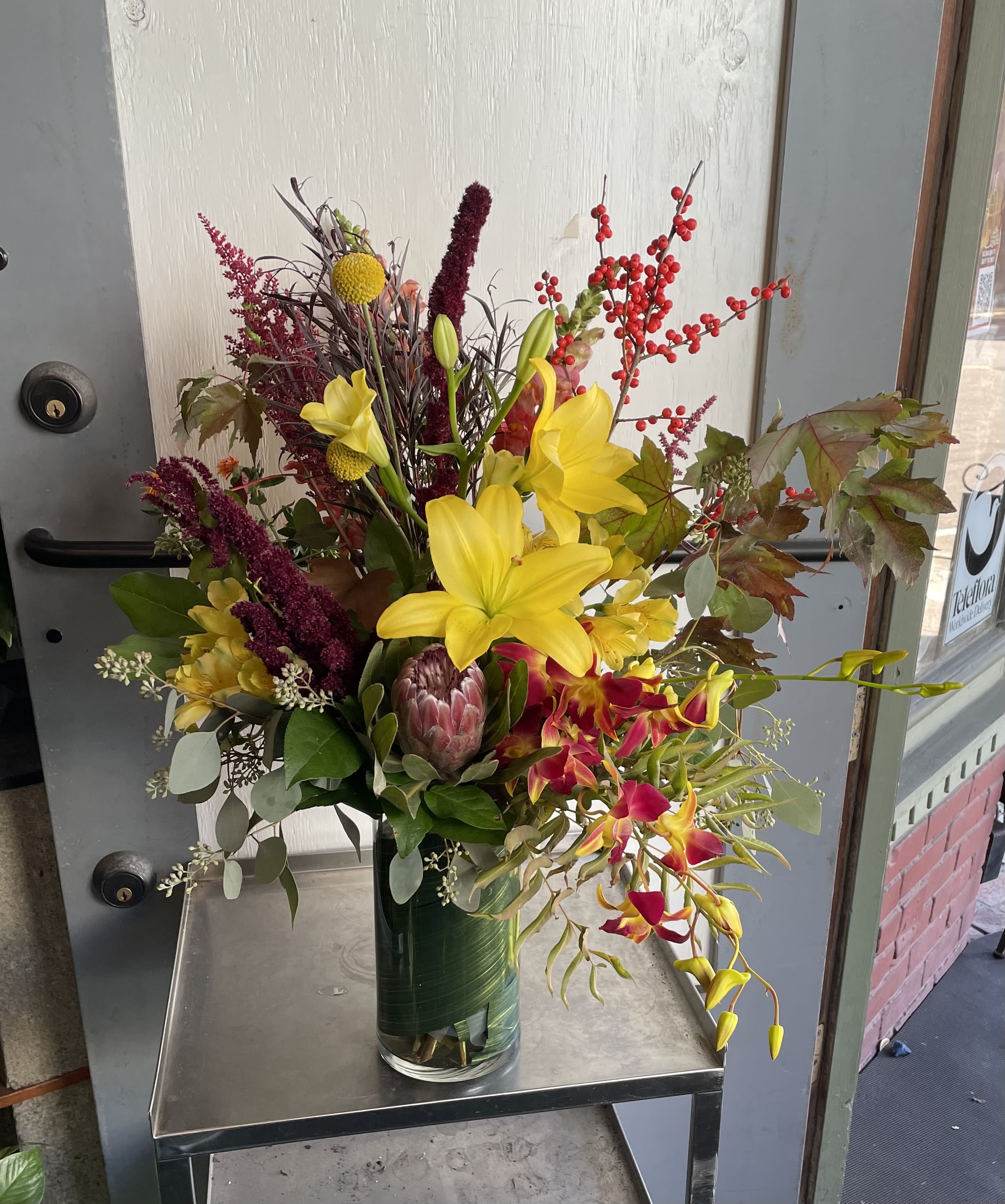 Autumn Sunshine Bouquet - Fall color flowers in a vase. 