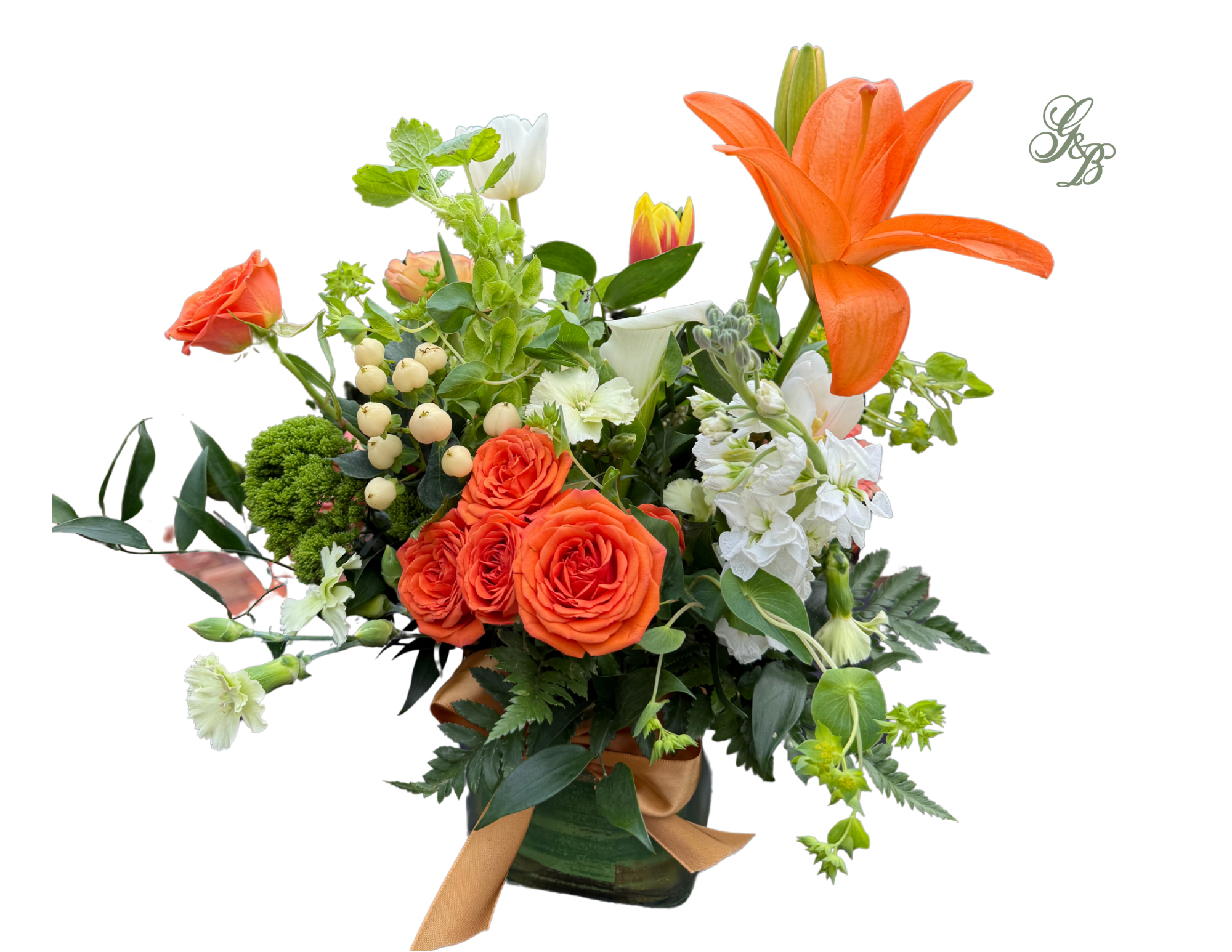 Orange lilies and roses arranged in a vase with white flowers