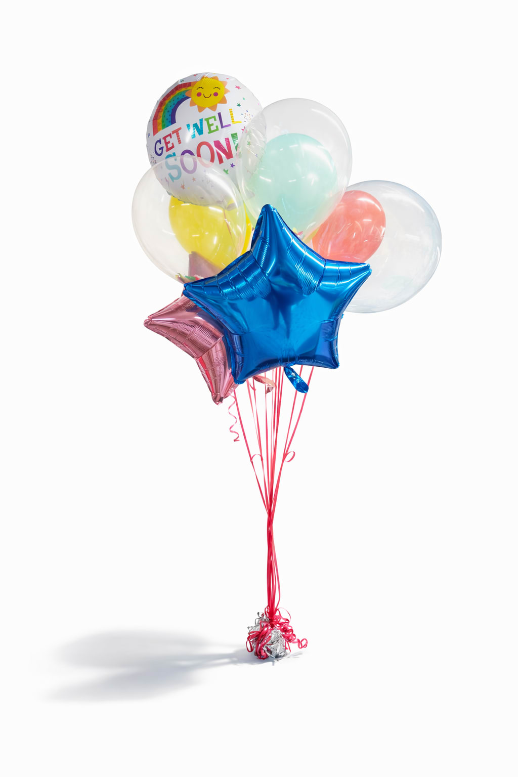 Cluster of balloons with a "Get Well Soon" balloon and star balloons