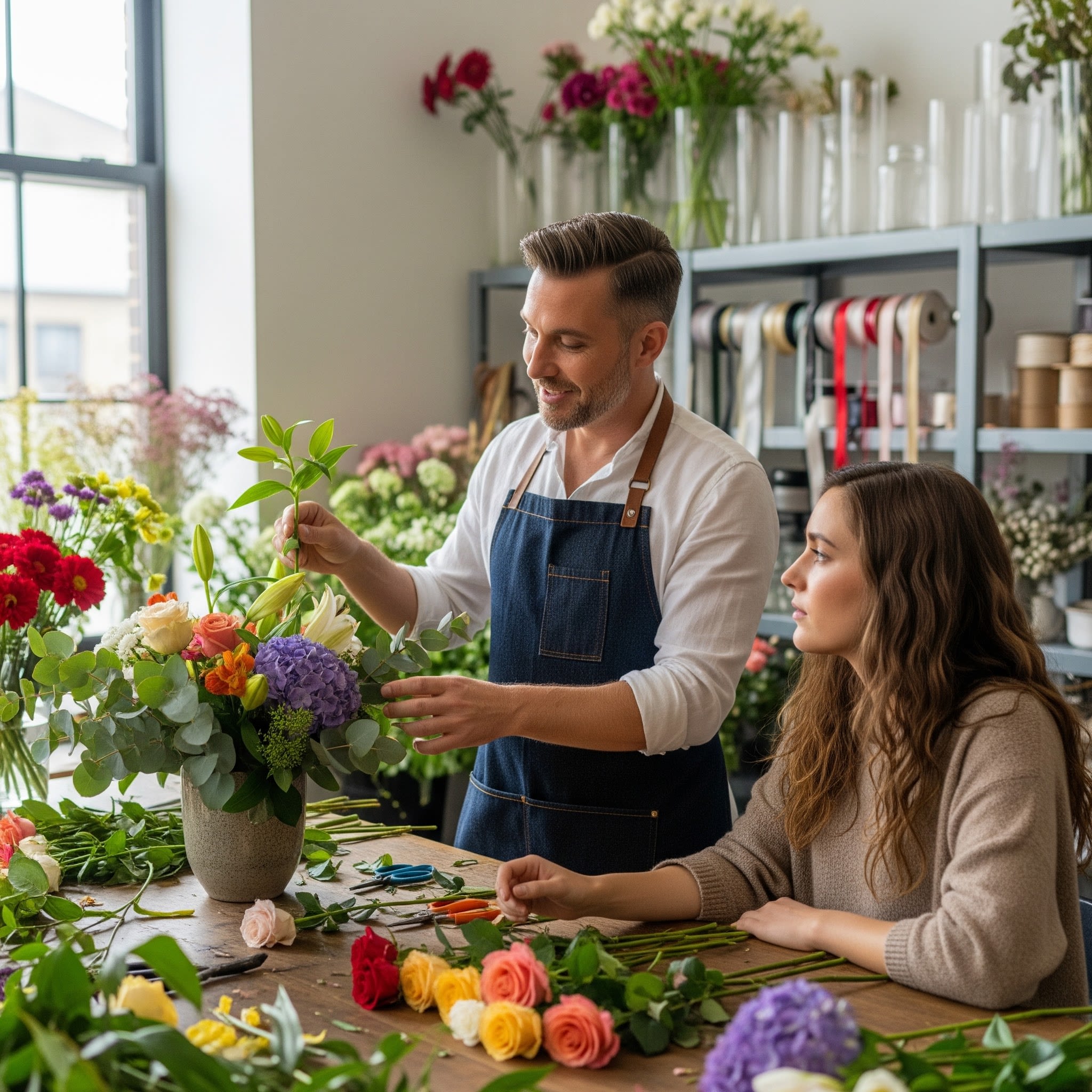 Florists arranging a colorful bouquet with roses and lilies in a workshop