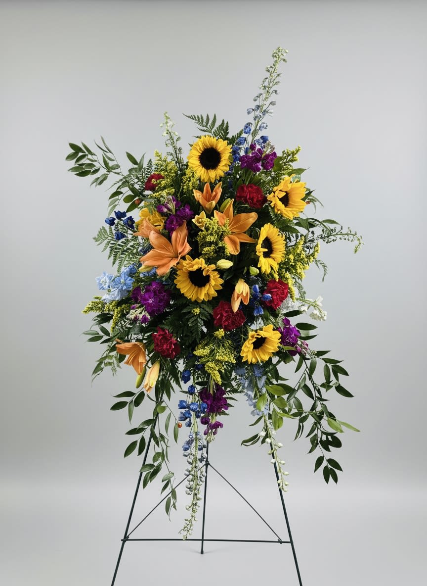 Summer Mix Standing Spray - This standing spray is a summer stunner; perfect for the loved one that loved the garden, farming, or bright, cheery colors. It has sunflowers, blue delphinium, orange lilies, hot pink carnations, and purple stock. Its one of our favorites!