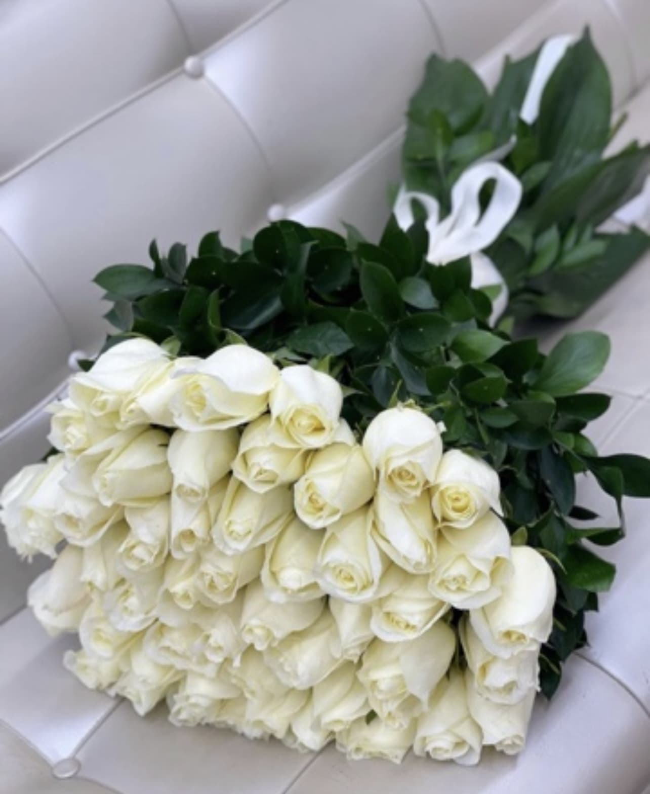 Large bouquet of white roses with dark green foliage and a white ribbon
