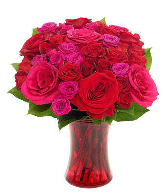 Arrangement of red and hot pink roses in a red glass vase