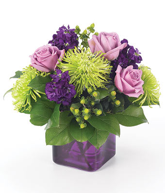Compact arrangement of lavender roses, green spider mums, and purple flowers in a purple cube vase