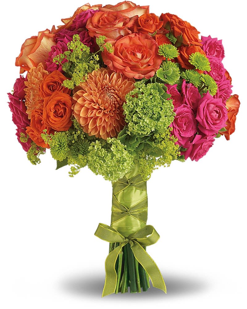 Hand-tied bouquet of orange and pink flowers with bright green blooms and a green ribbon wrap