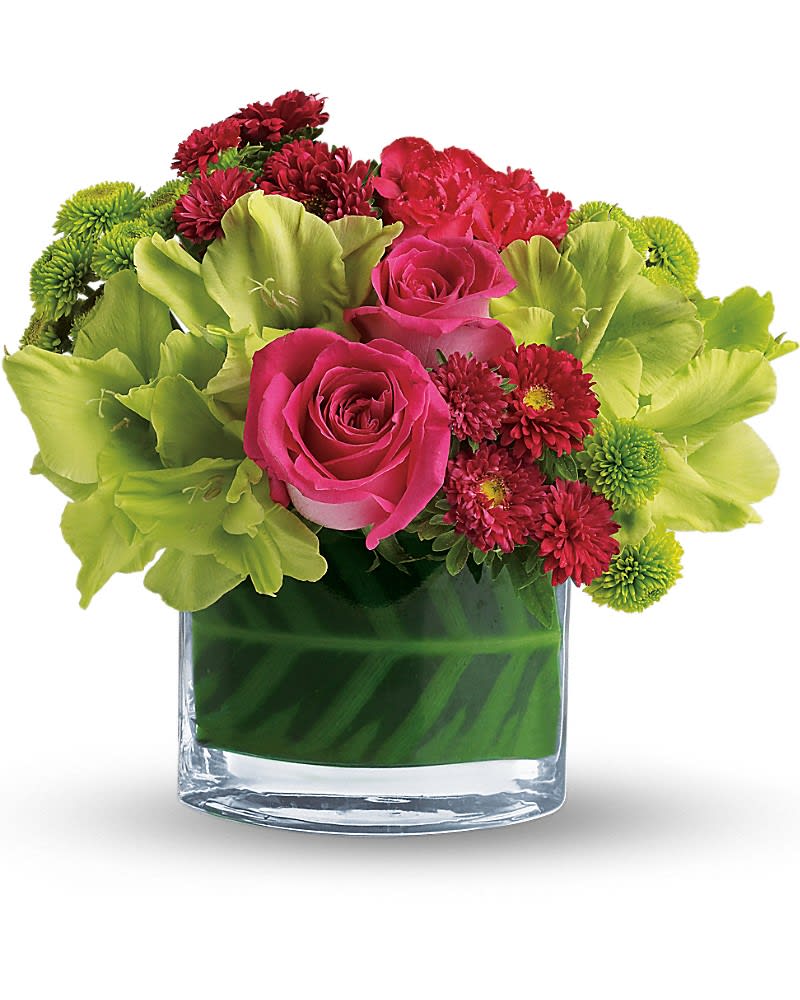 Short arrangement of hot pink roses, green orchids, and button mums in a clear glass cylinder vase