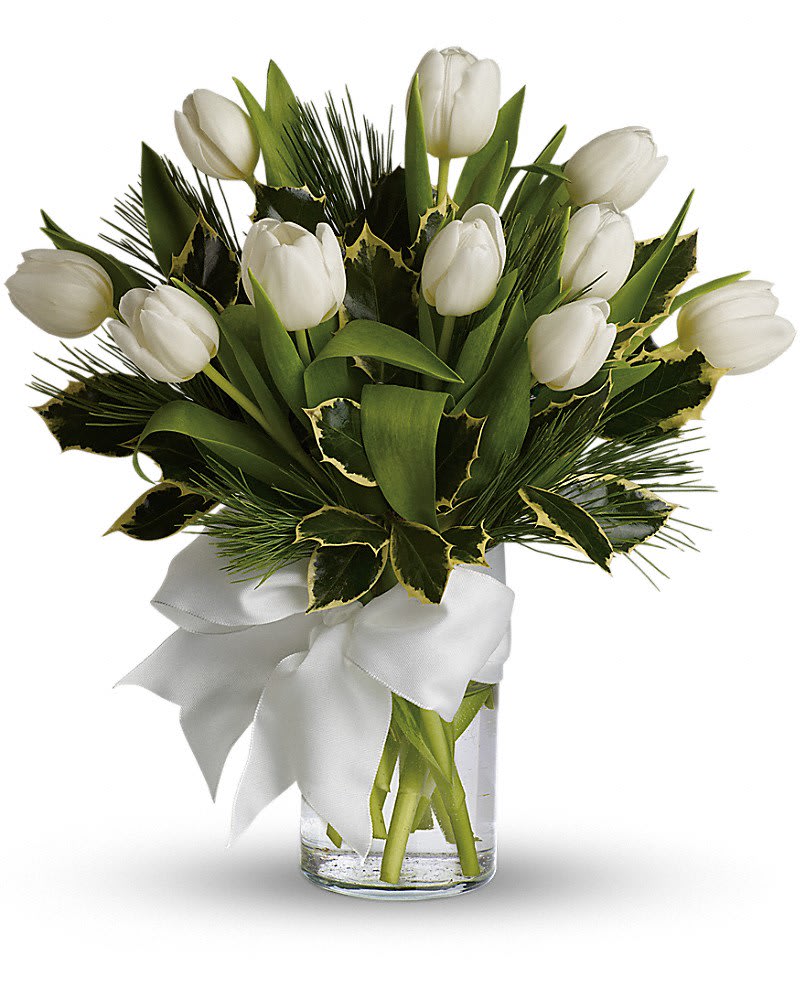 Arrangement of white tulips with dark green foliage in a clear vase tied with a white ribbon
