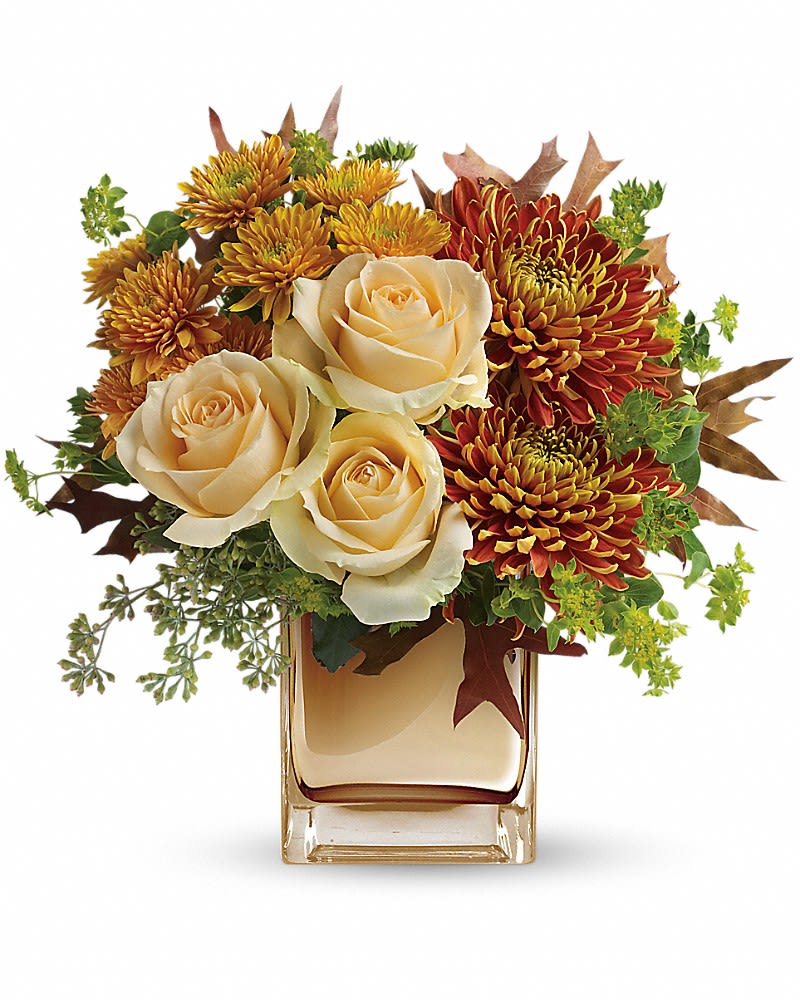Compact arrangement of peach roses and rust chrysanthemums in a square gold glass vase