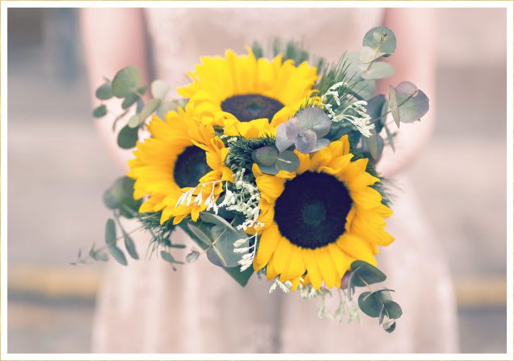 Bouquet of sunflowers with eucalyptus greenery
