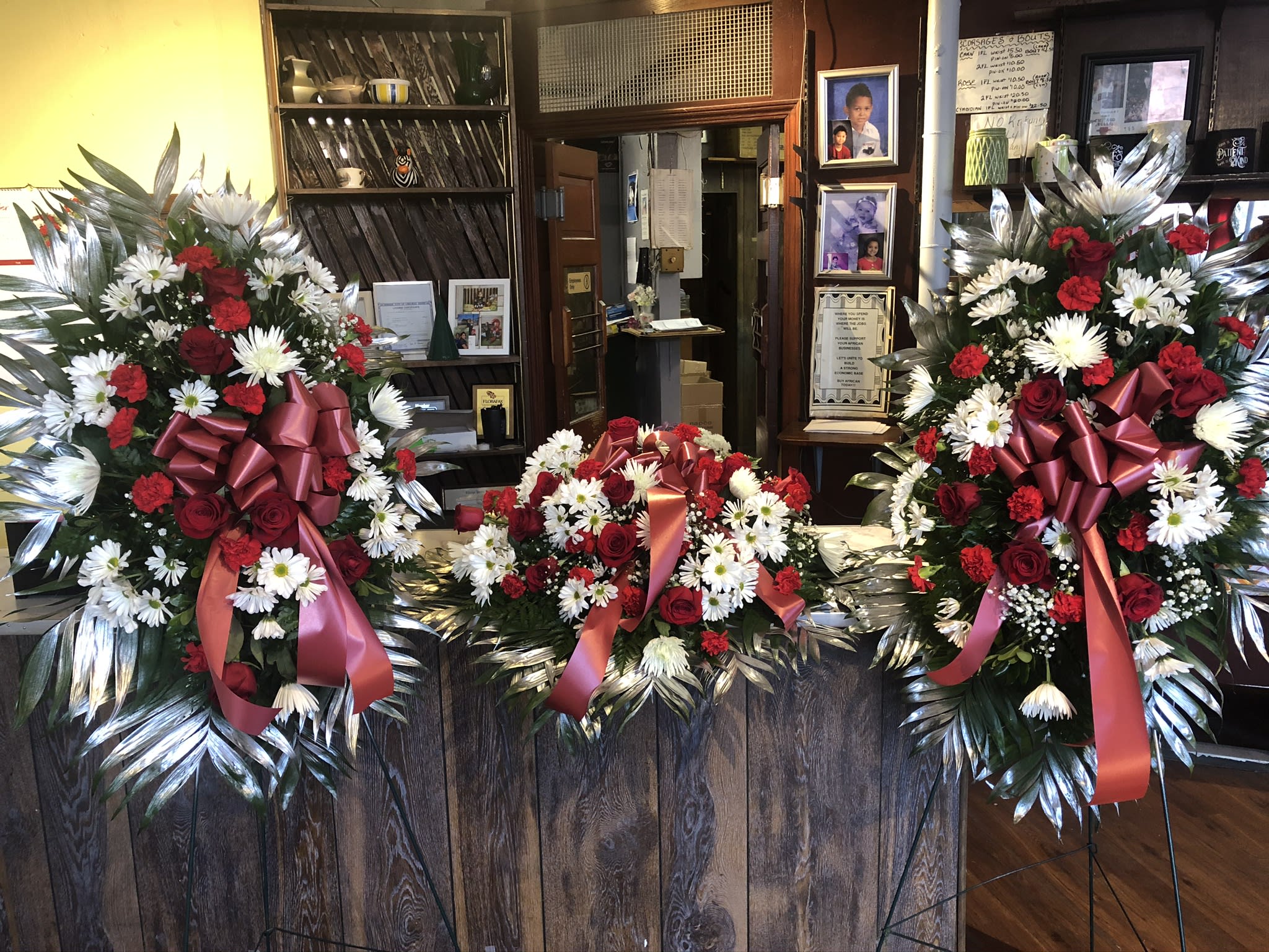 Red &amp; White 3 Piece Package - Mixed flower three piece funeral package consisting of mums, daises, carnations, &amp; roses.