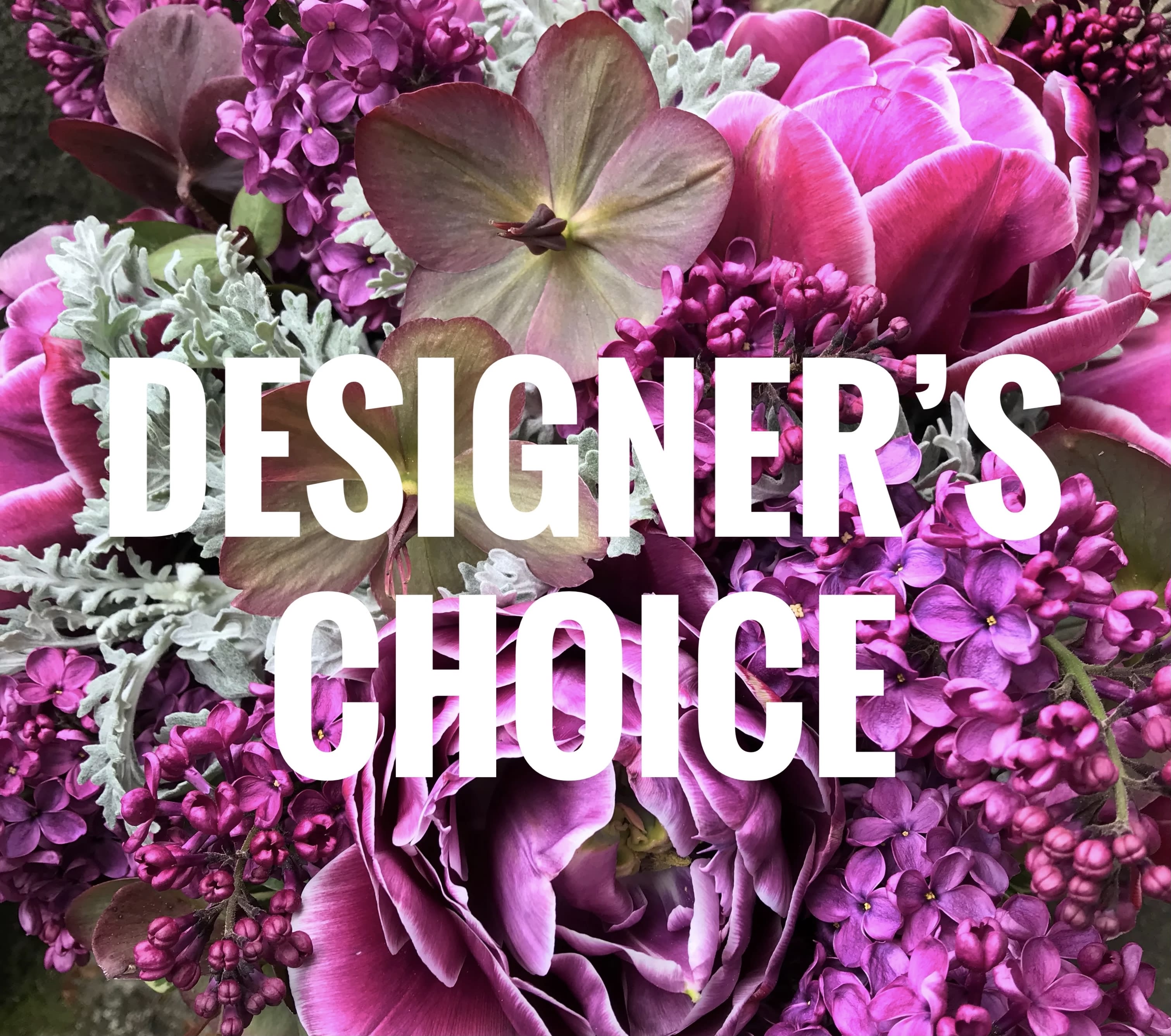 Close-up of a pink and purple floral arrangement with bold white text.