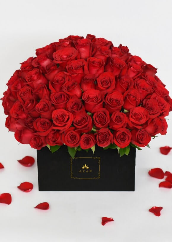 Large bouquet of red roses in a black box with scattered rose petals