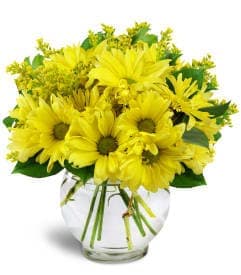 Yellow daisy bouquet in a clear glass vase