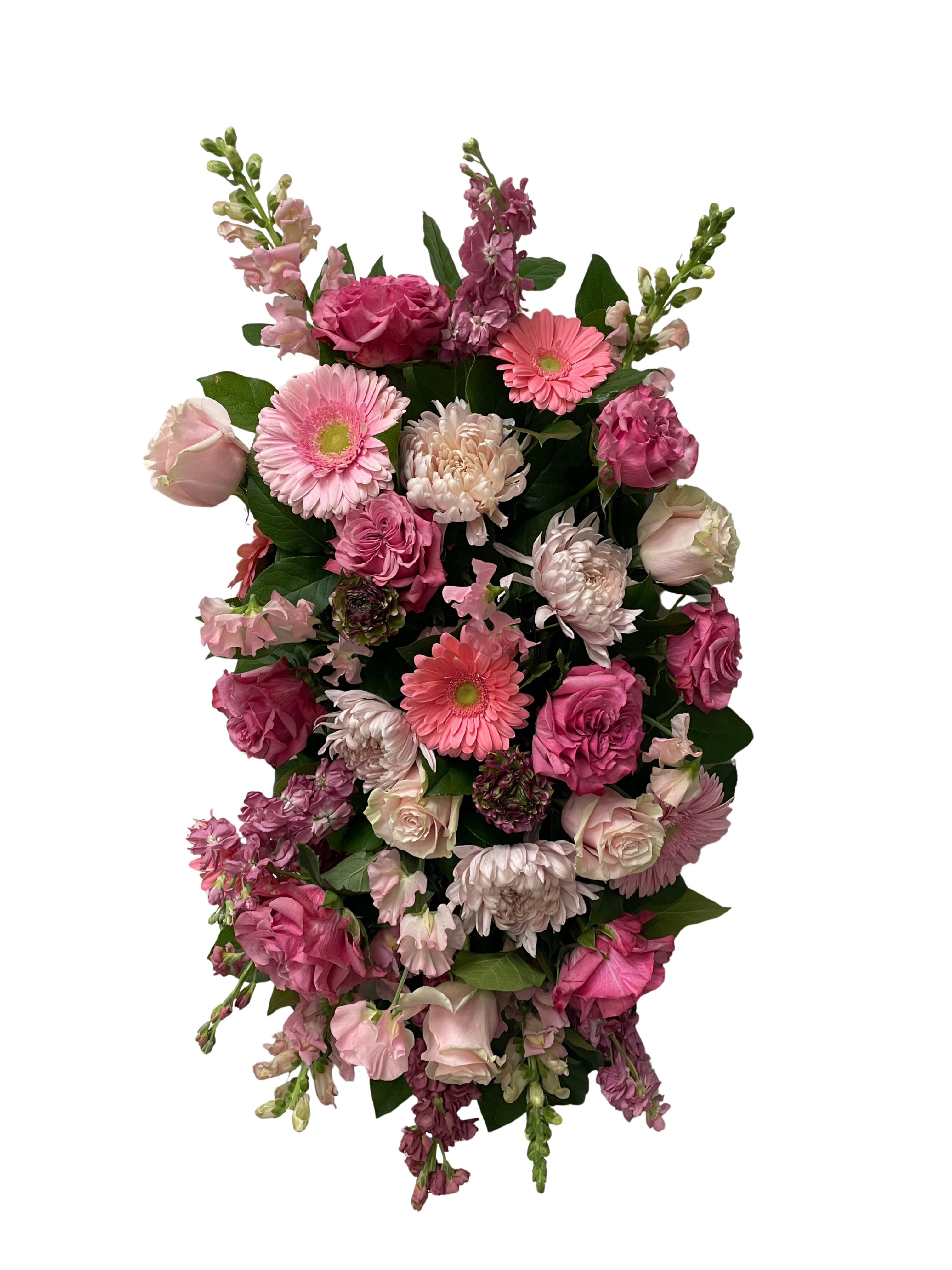 Pink Compassion Standing Spray - Pink Compassion features a soft mix of blush and deeper pink blooms accented with touches of white, thoughtfully designed to offer comfort and express sympathy. This arrangement is thoughtfully designed using the freshest flowers available for the season. While the overall look and palette will be honored, specific flowers may vary. Advance notice is requested for funeral arrangements due to the scale of these designs.