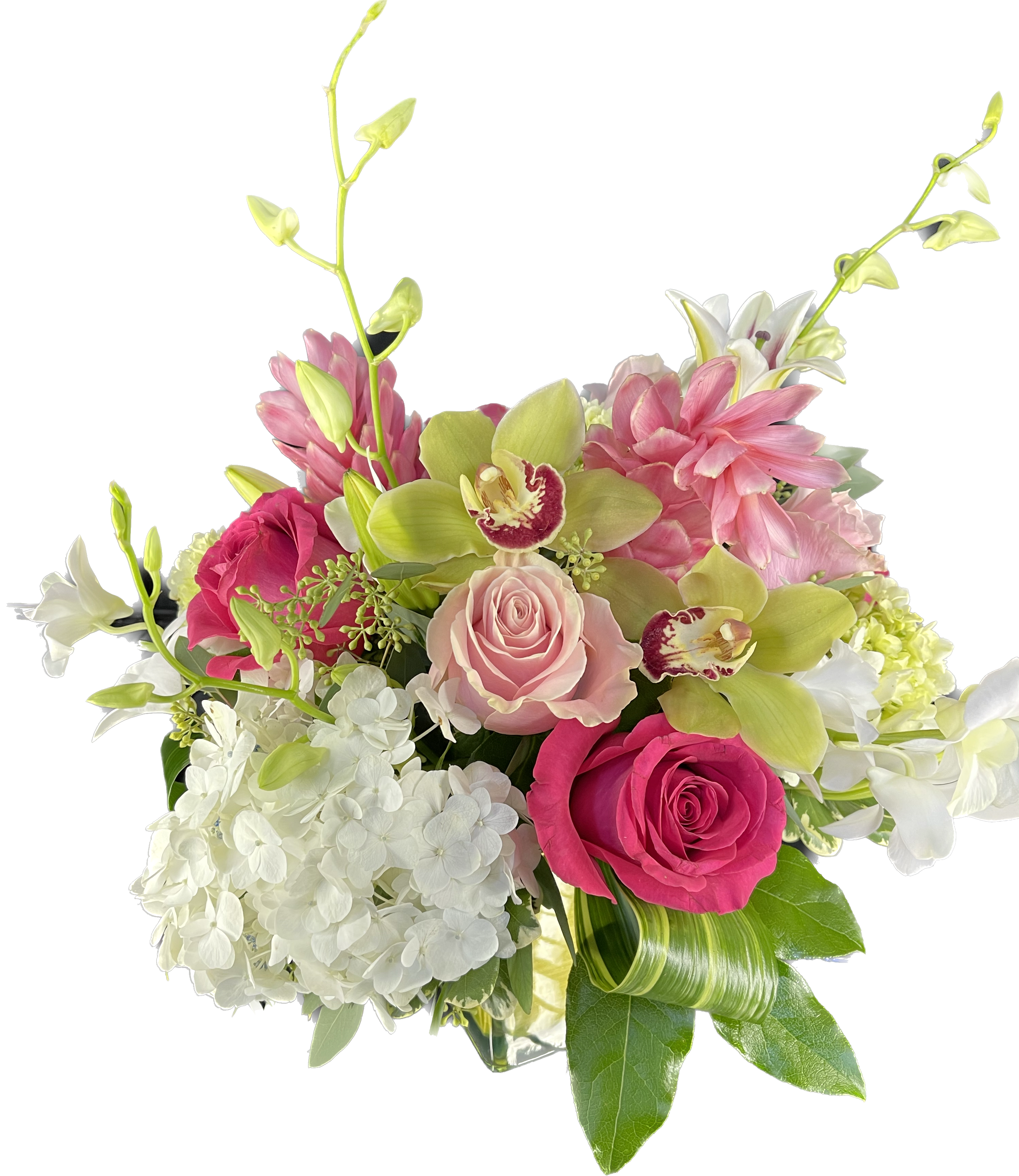 Such a Flirt - Pink ginger, light and hot pink roses, lilies, kiwi cymbidium orchids, white dendrobium orchids and hydrangea in wrapped 5x5 glass cube