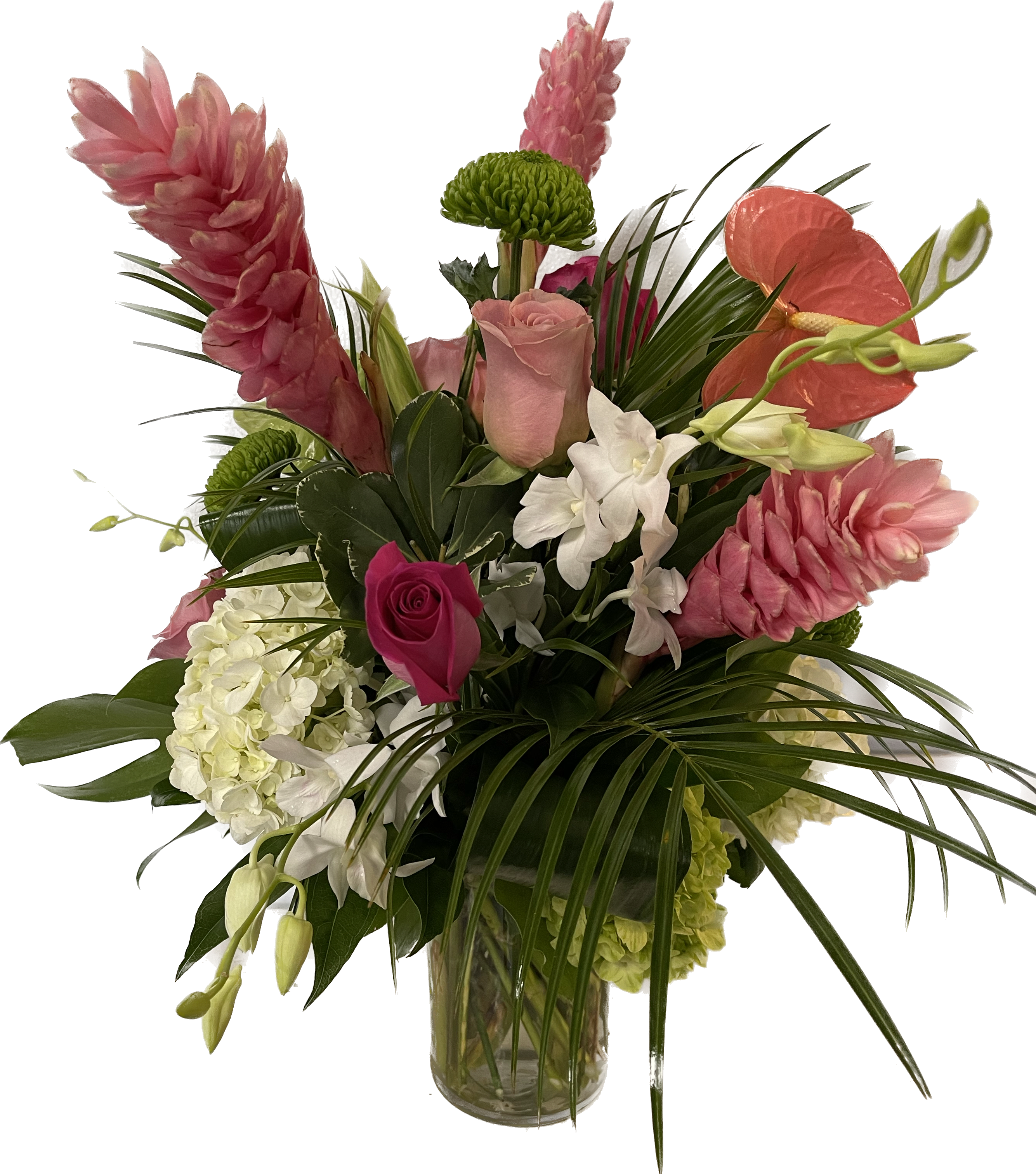 Hawaiian Nights - Lush arrangement of ginger lily, roses, hydrangea, dendrobium orchids, anthurium and tropical foliage.