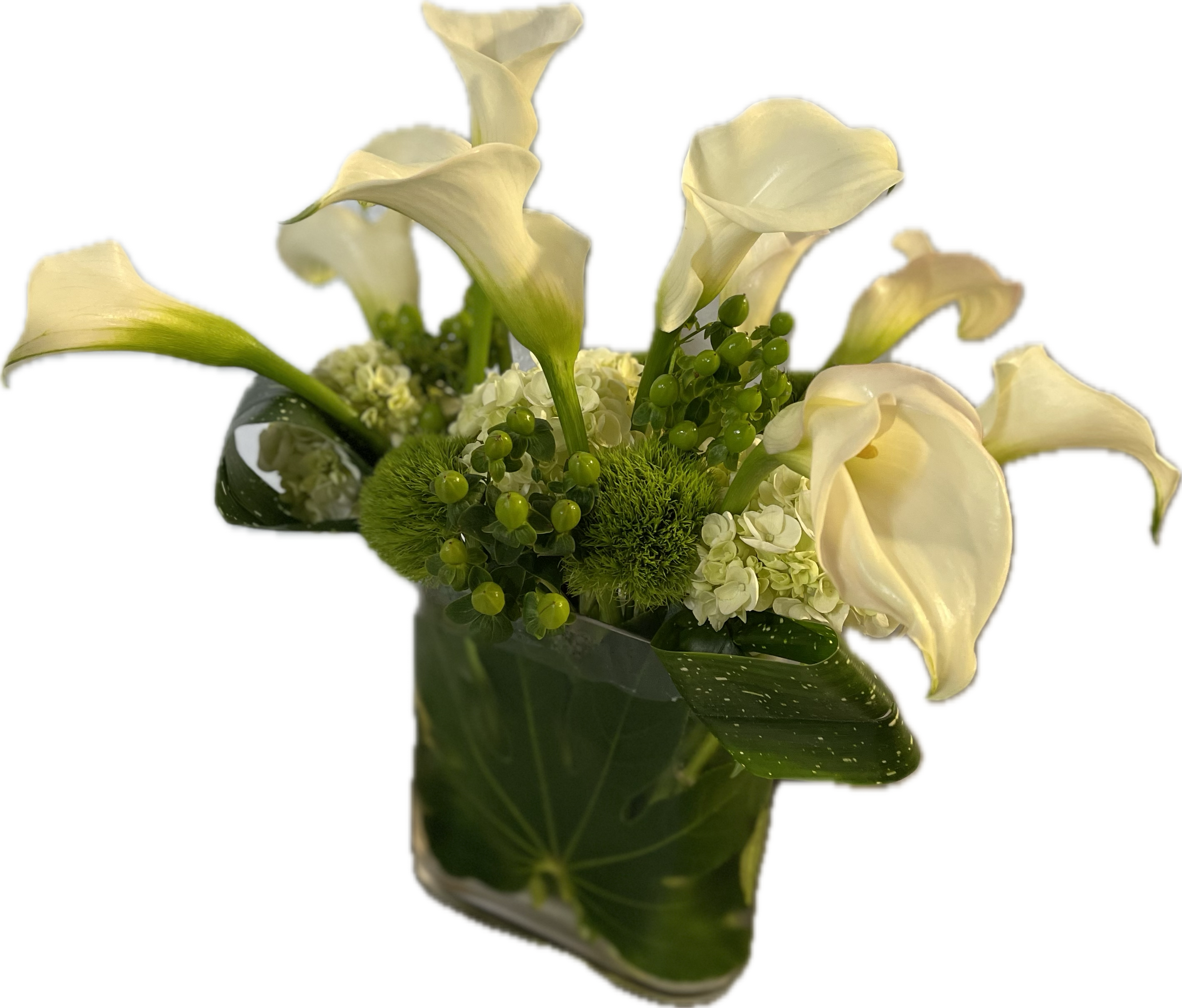 White calla lilies arranged in a glass vase with green accents