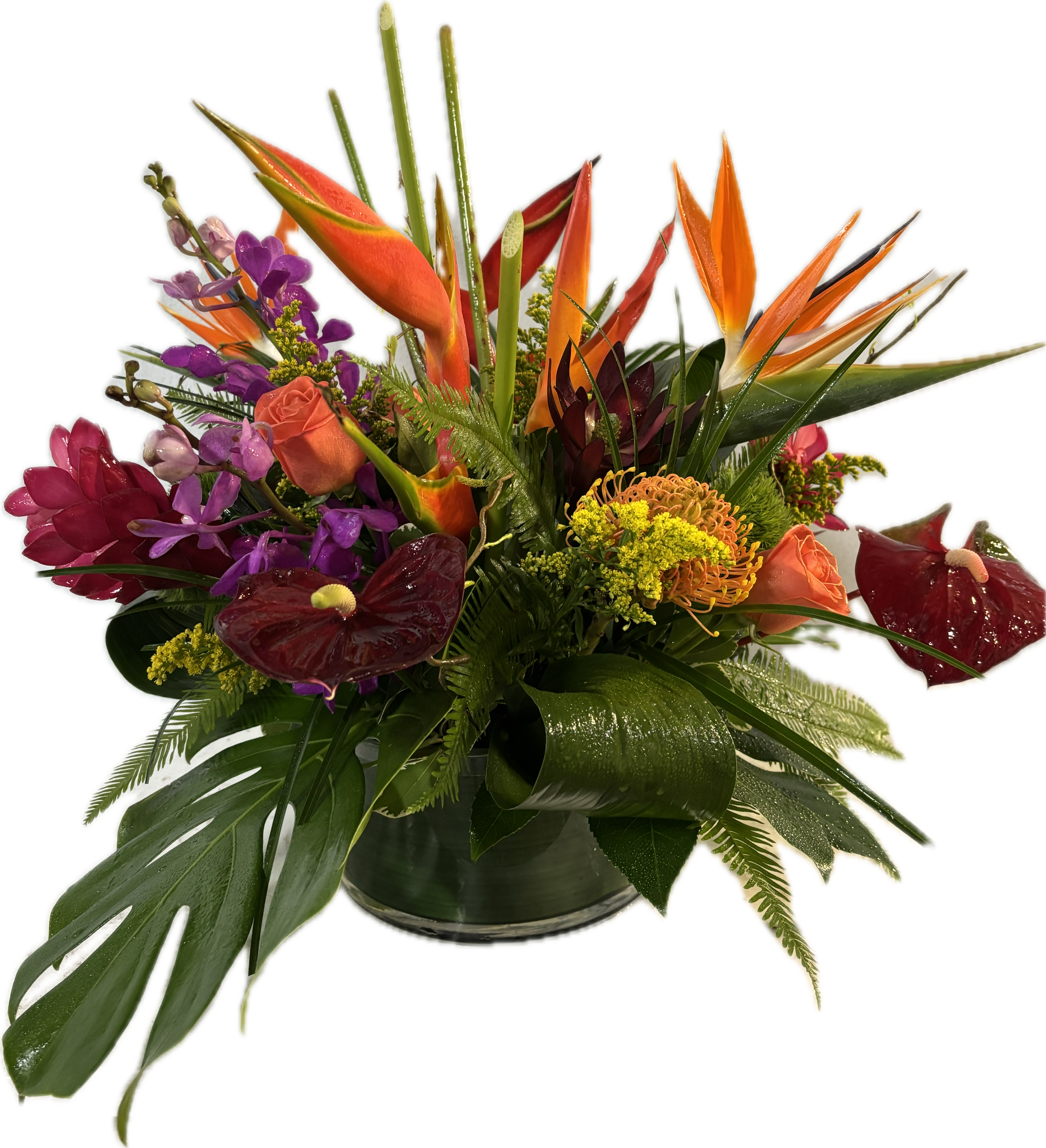 Caribbean Dream - Tropical all around in reusable glass container. All things tropical. This is a great arrangement for a round table, center island, coffee table....it's for that spot where you don't want it too tall.