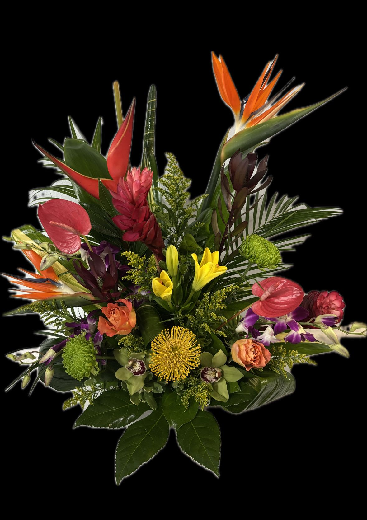 Tropical bouquet with bird of paradise, orchids, and lilies