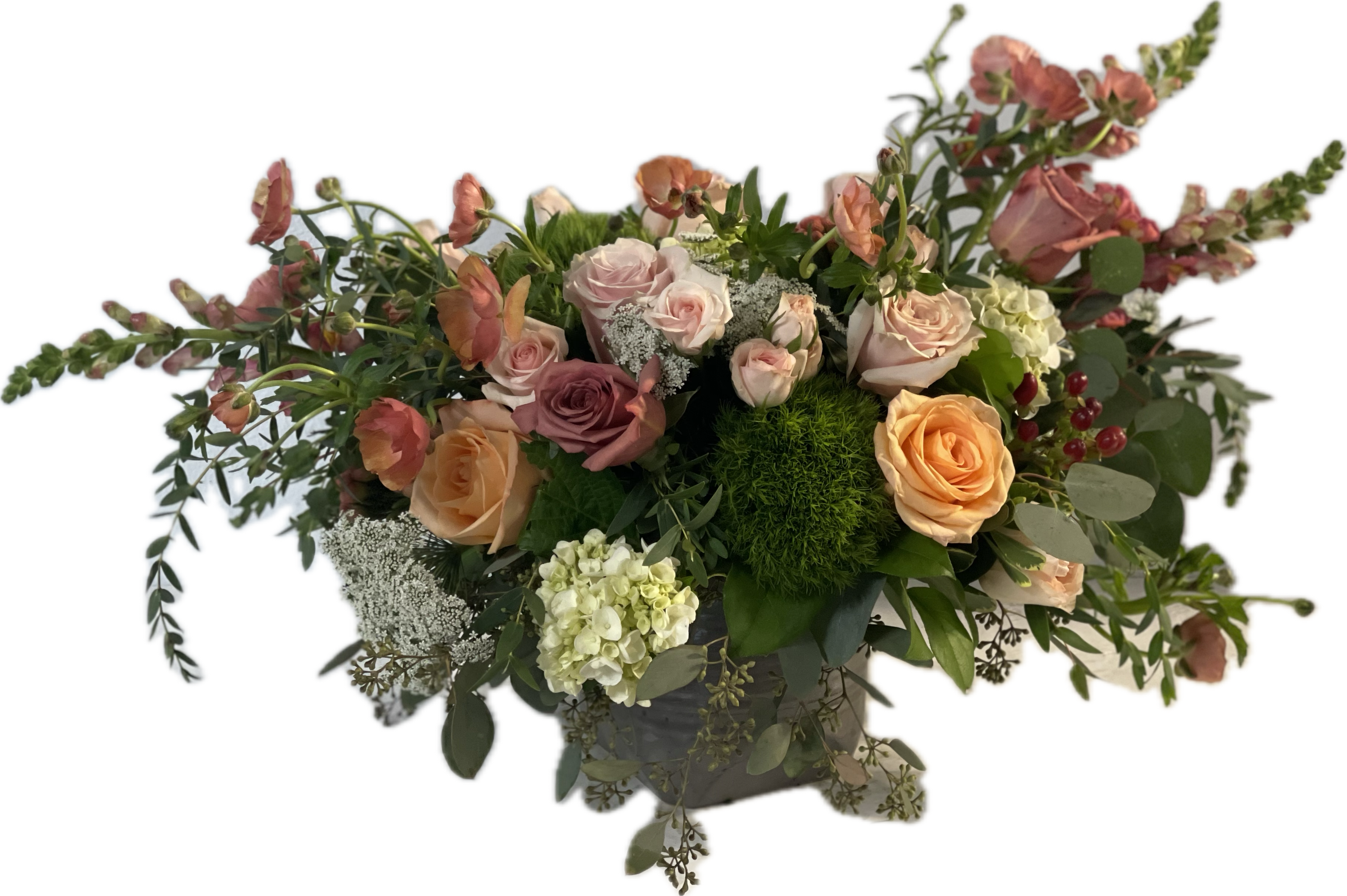 Autumn Pastels - Stunning fall arrangement in a taupe colored ceramic vase of garden roses, spray roses, roses, queen anne's lace, red brunia, snaps, butterfly ranunculus, hypericum berries, hydrangea and green ball tric!! This won't disappoint.