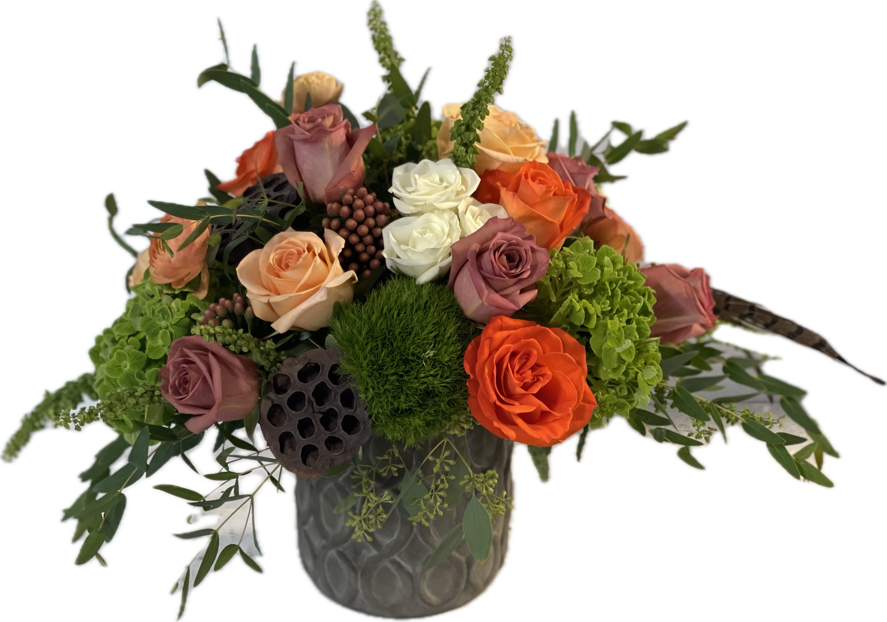 Autumn Collection - Collection of fall colored roses, spray roses, hydrangea, green ball tric, ranunculus, red brunia and feathers!!