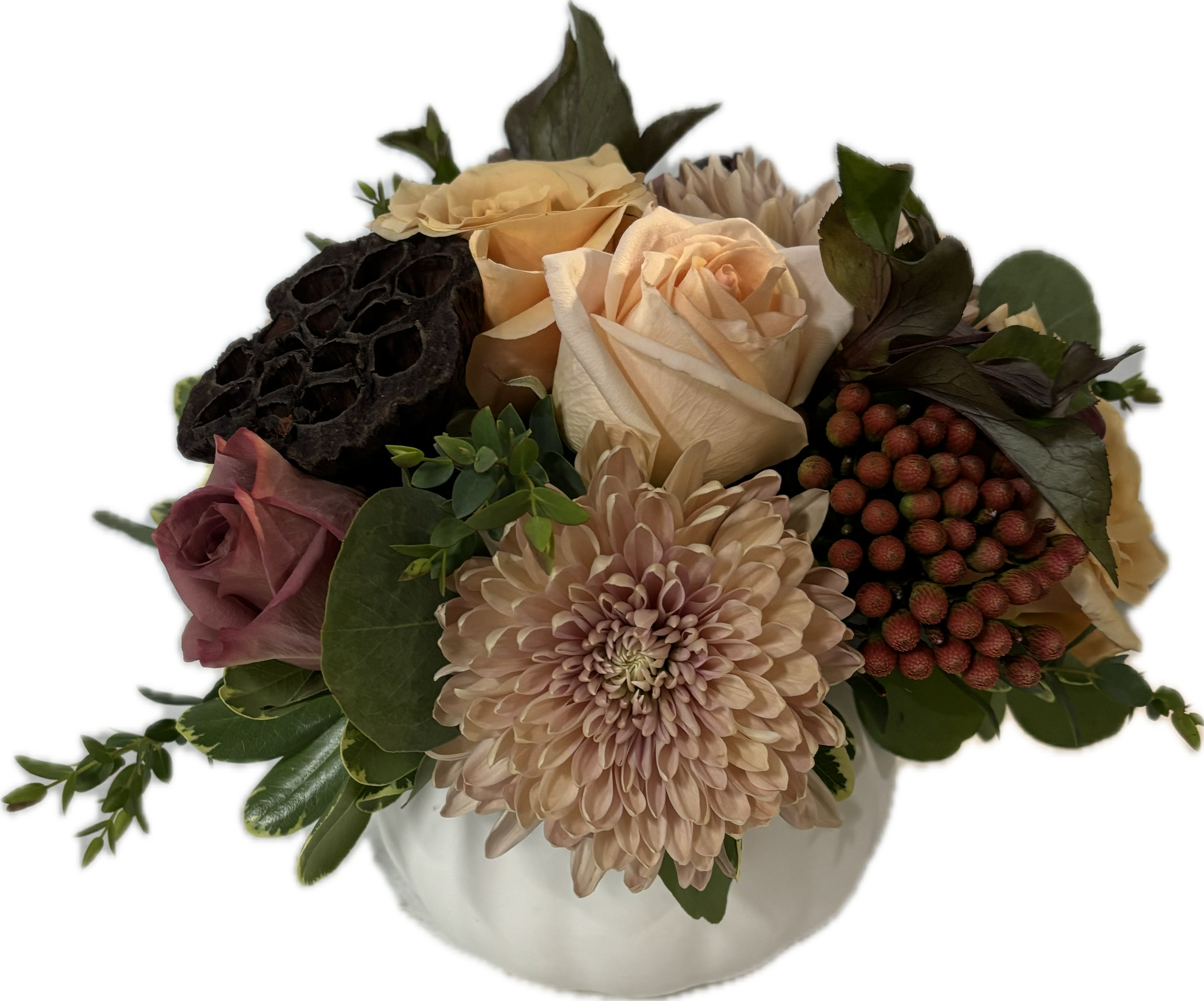 Pumpkin Latte - White matte ceramic pumpkin with assorted muted autumn colored  roses, mums, red brunia, hellabore and a lotus pod