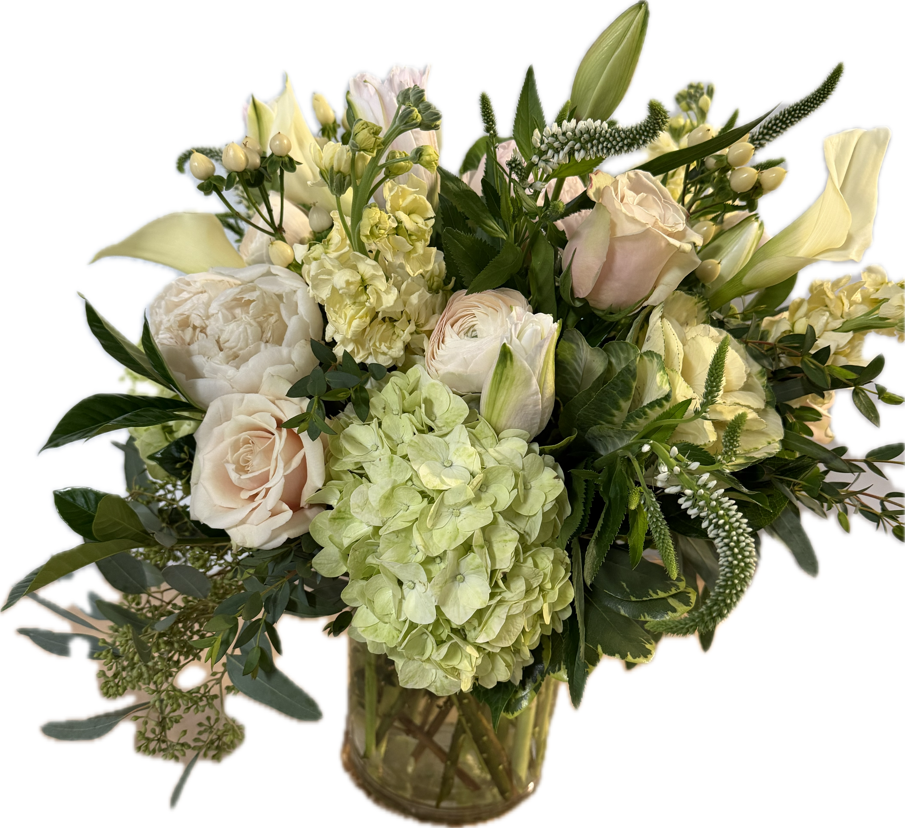Sweet Innocence - Soft and delicate arrangement of hydrangea, roses, calla lilies, lily, veronica,  kale, stock and stunning peonies