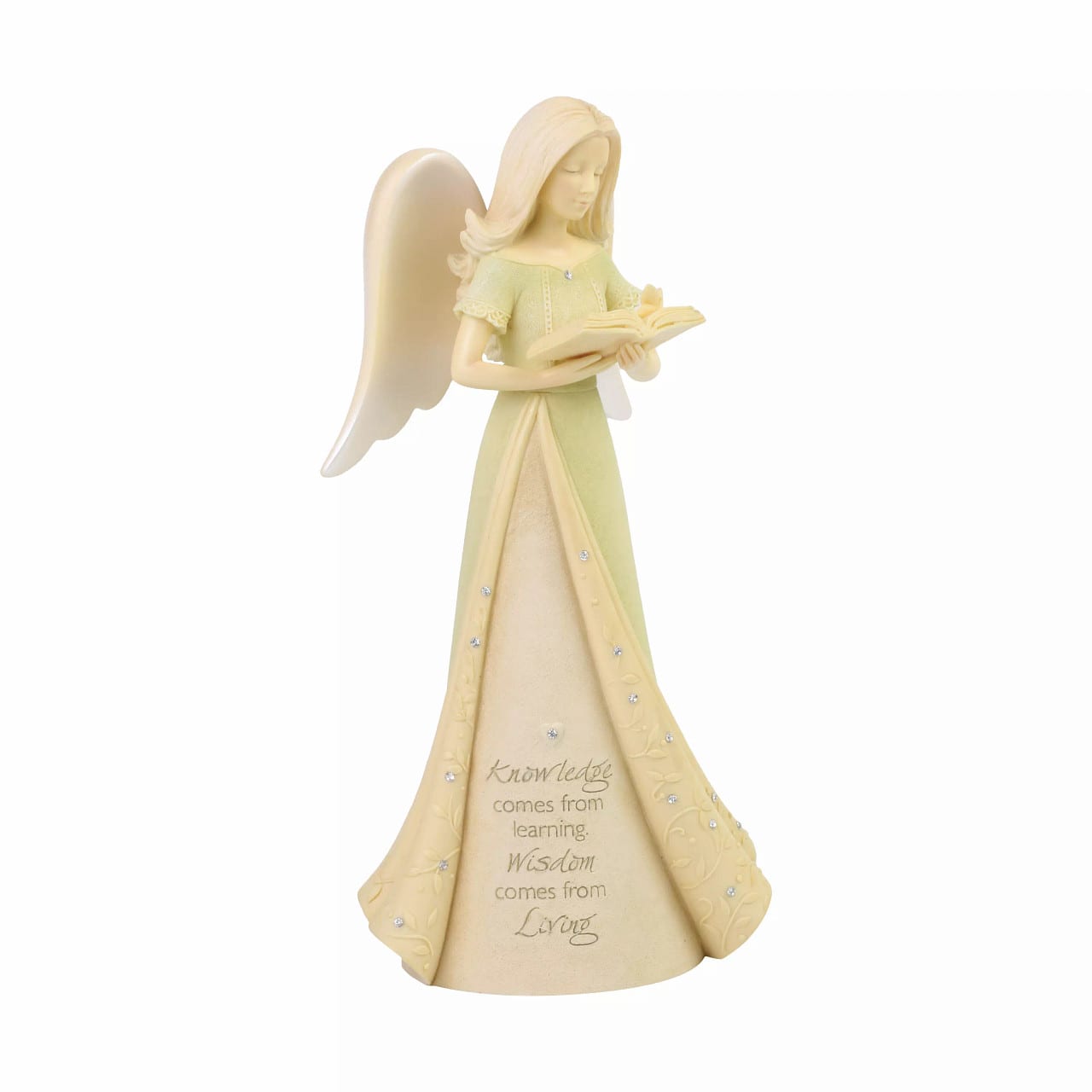Angel figurine holding an open book with a quote on the dress