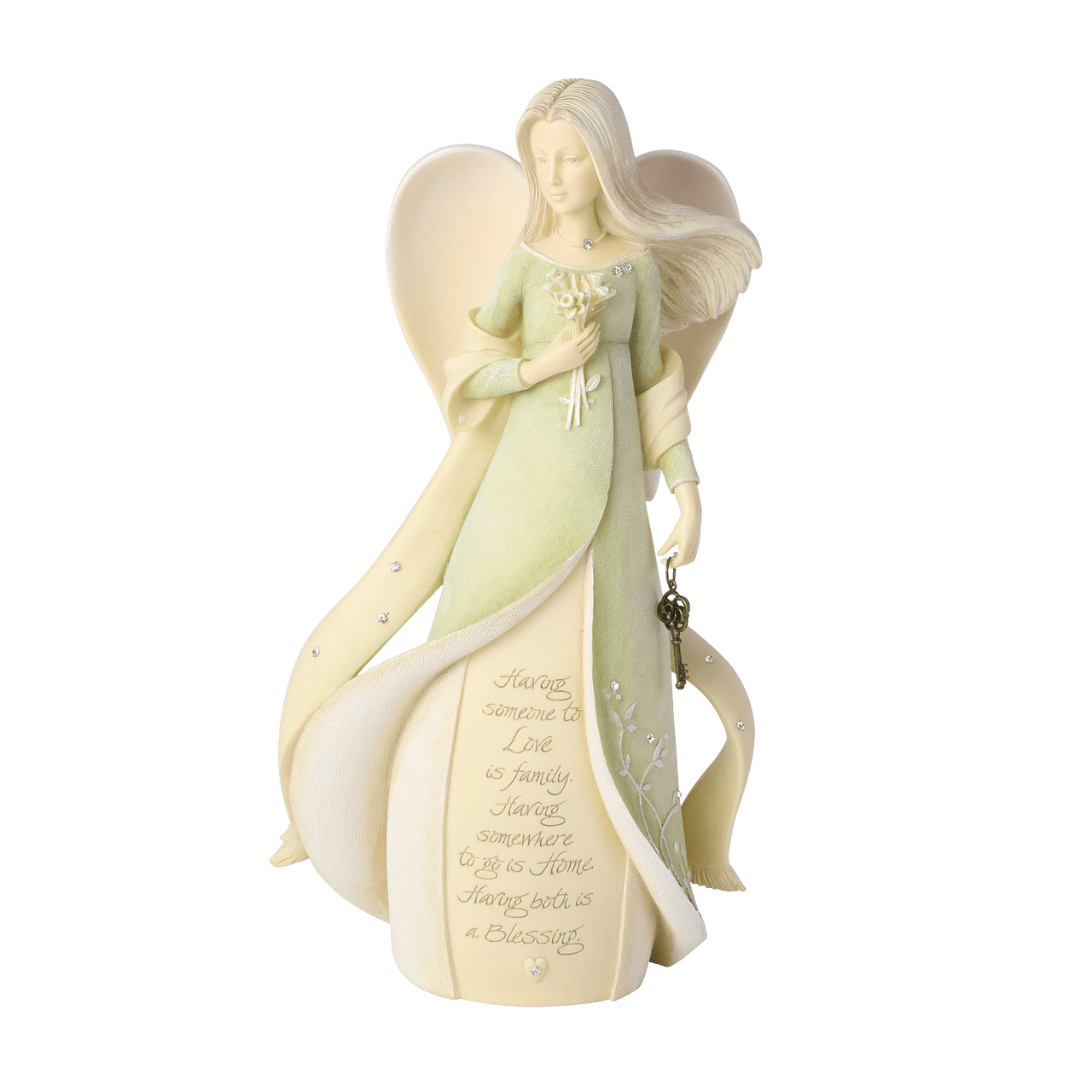 Angel figurine holding a small bouquet and a key